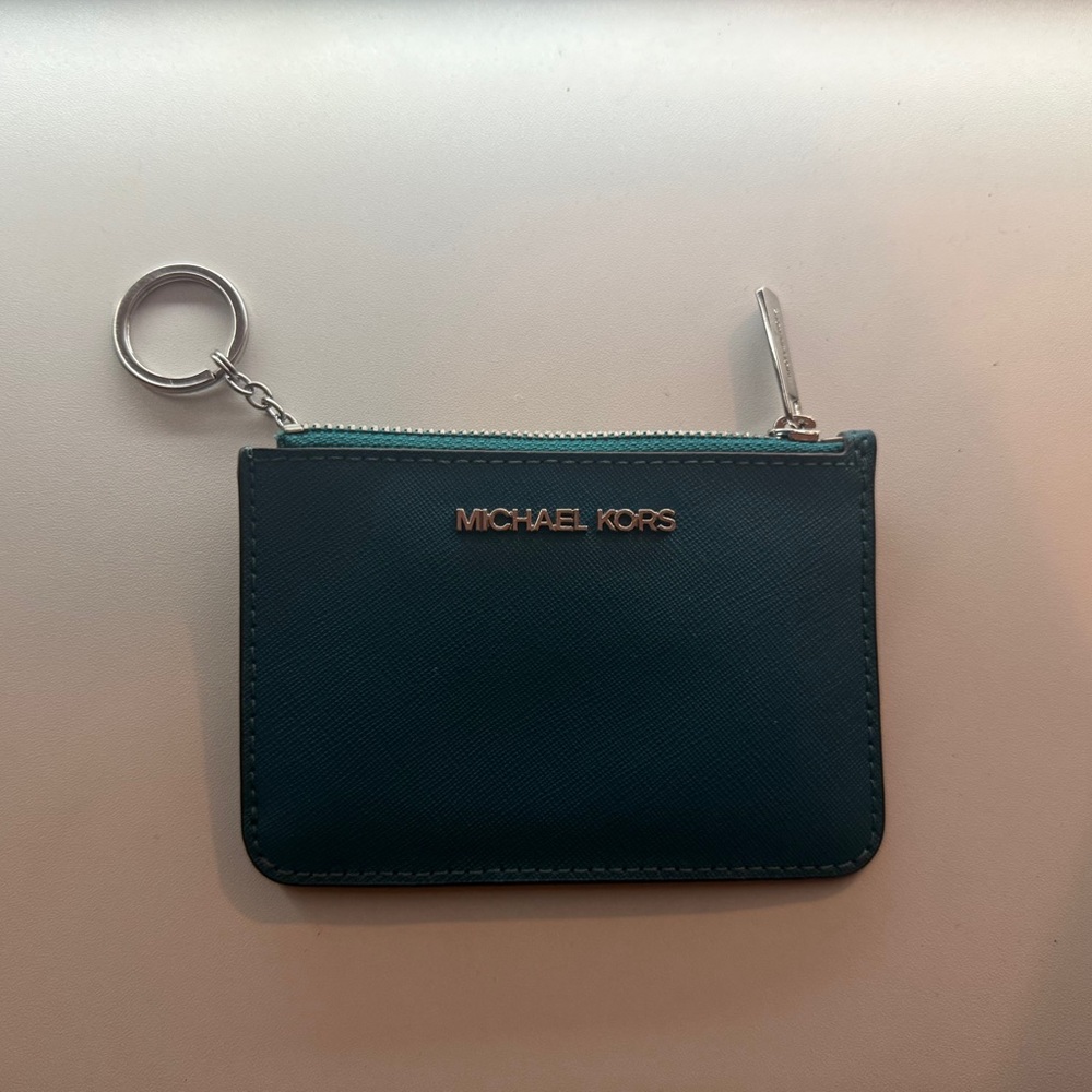 Michael Kors Dark Teal Card Holder with Silver Accents